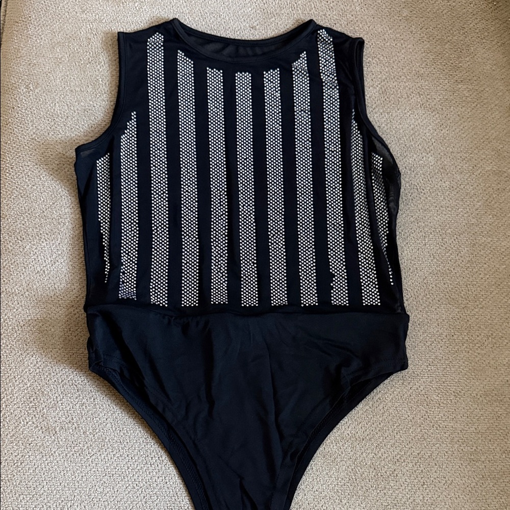 Chic Black Bodysuit with White Mesh Stripes